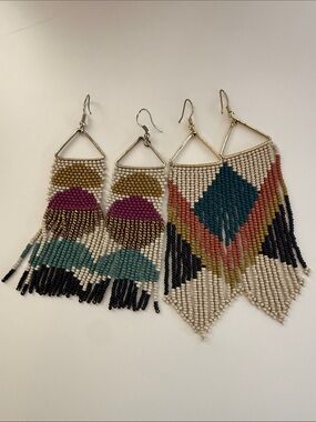 Handmade Beaded Fringe Earrings - Teal, Coral, Ivory & Black